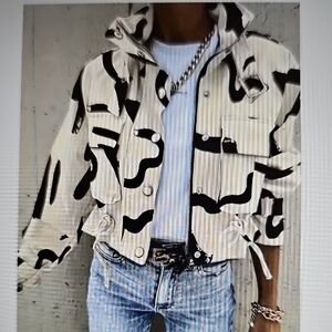 Leopard Print Zippered Drawstring Waist Short Length Stand Collar Jacket XL & M